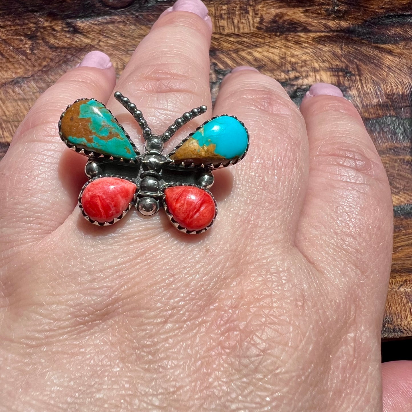 Kingman Turquoise & Spiny Oyster Butterfly Ring – Sterling Silver Statement (Size 9)