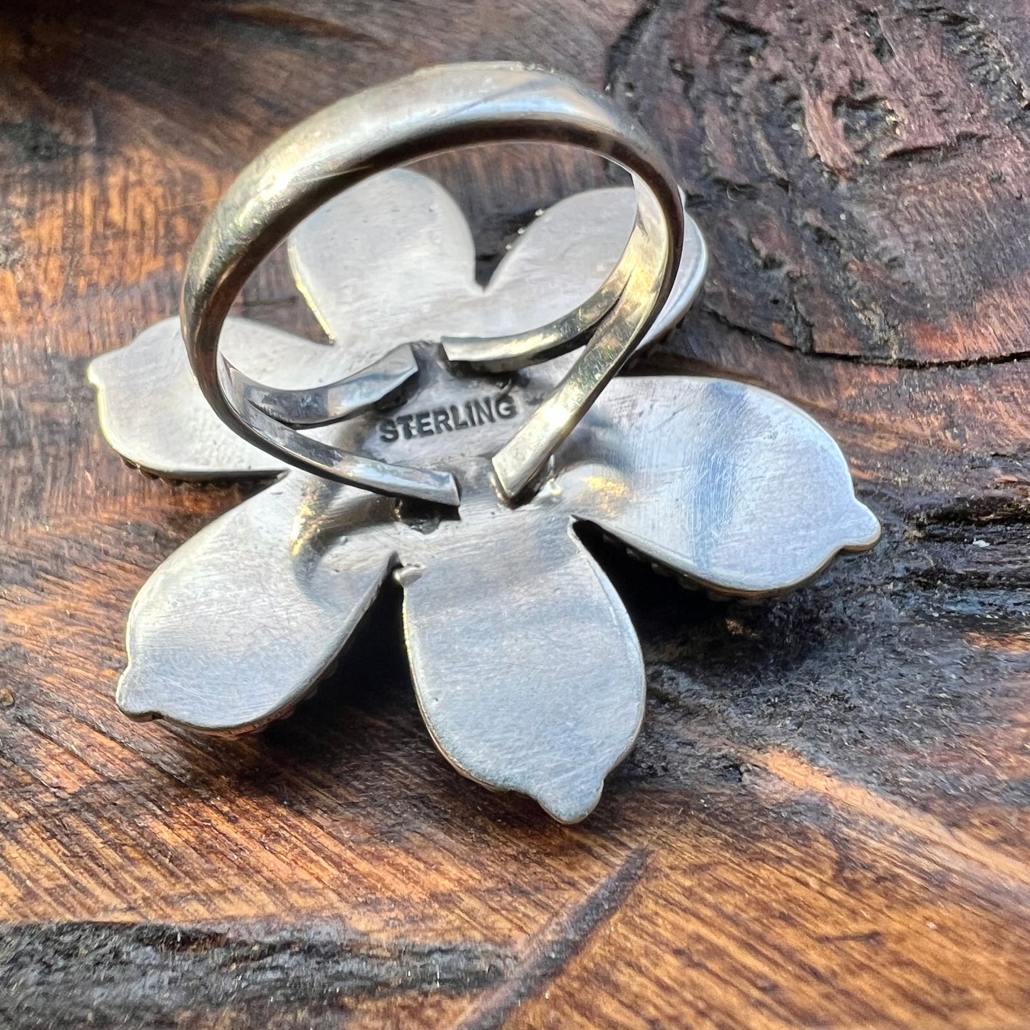 Kingman Turquoise Flower Ring with Italian Red Coral Center | Sterling Silver Statement Ring Size 9