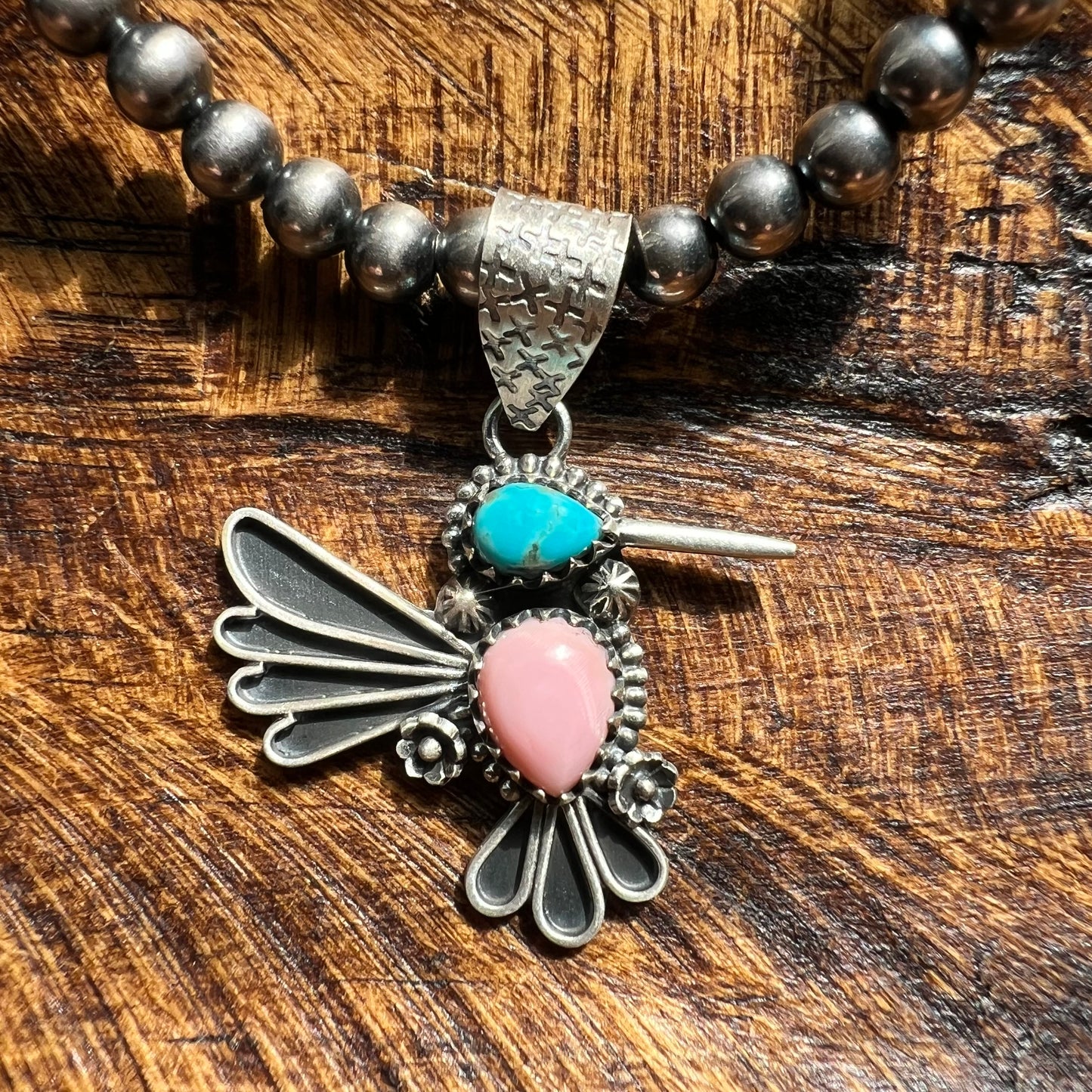 Sterling Silver Kingman Turquoise Queen Conch Hummingbird Pendant