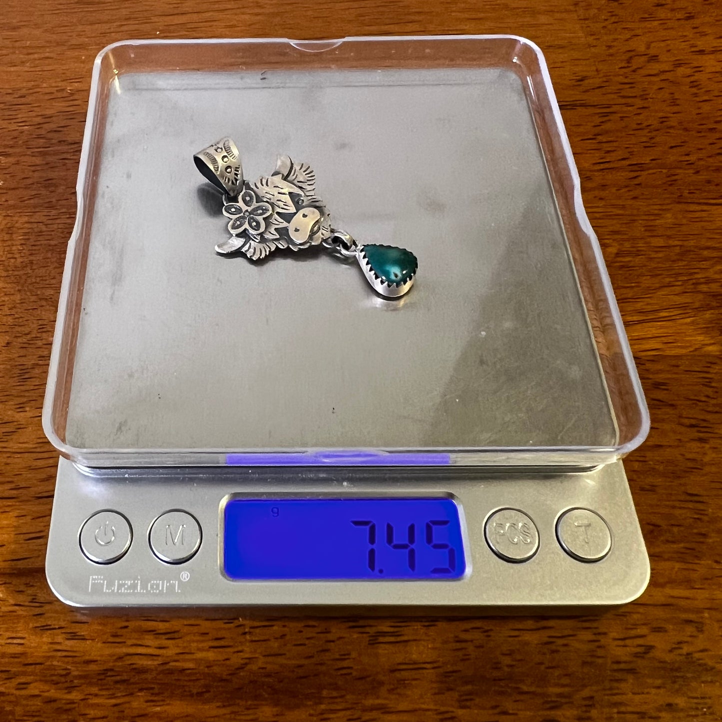 Sterling Silver Highland Cow Pendant with Fox Turquoise Drop
