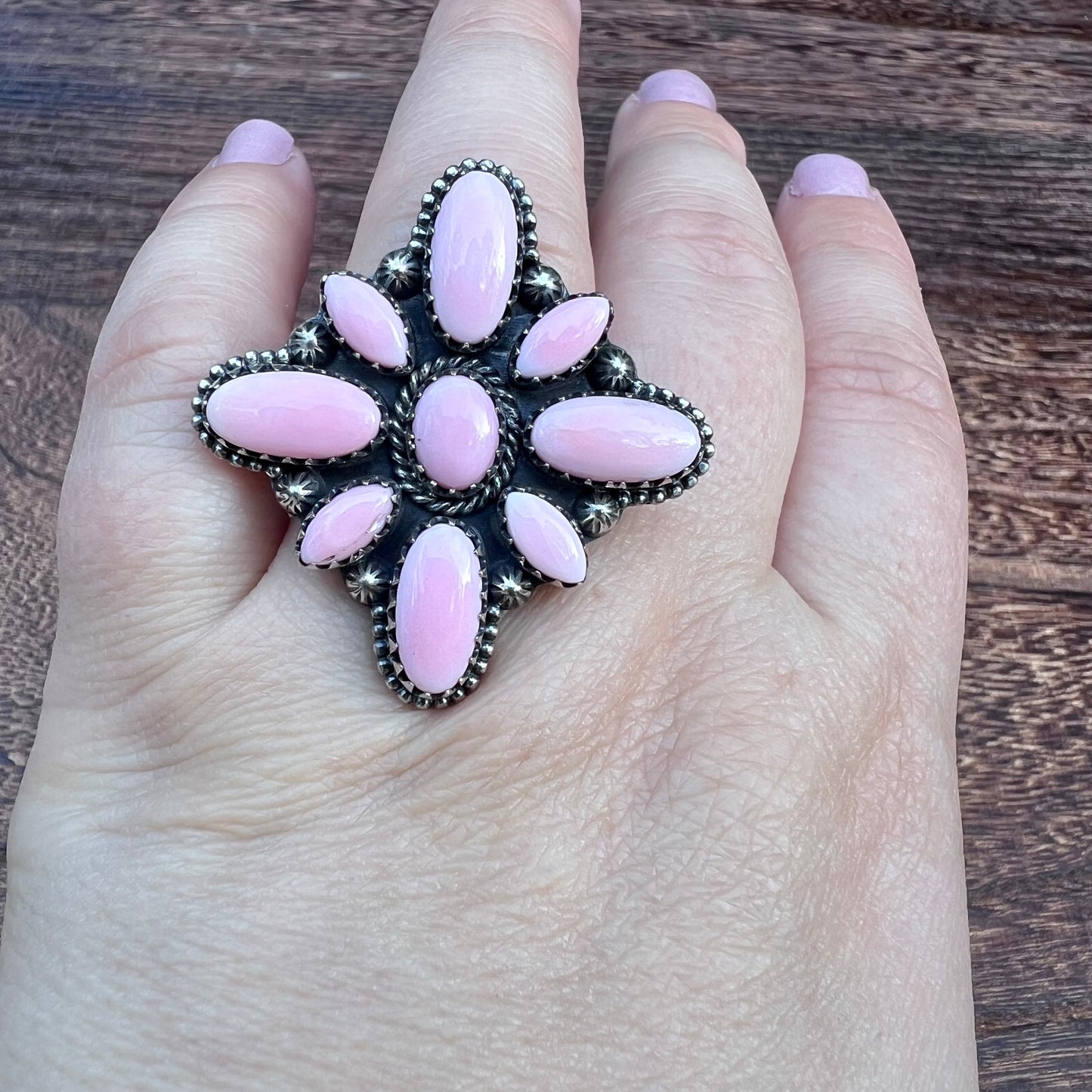 Blush Conch Floral Cluster Ring – Handcrafted Sterling Statement