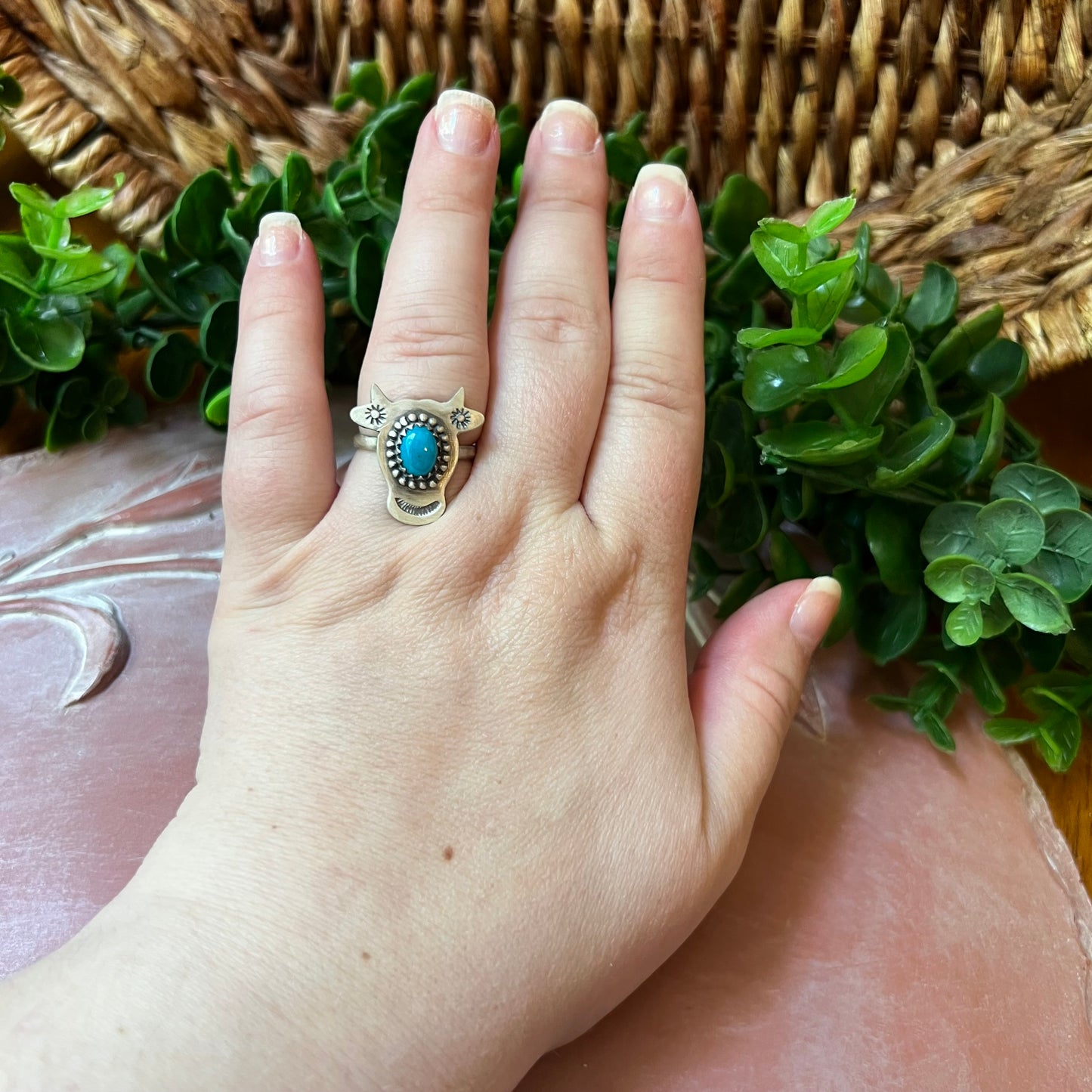 Sterling Silver Kingman Turquoise Cow Ring Adjustable