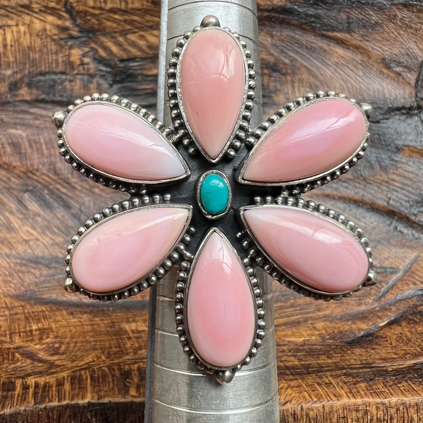 Queen Conch & Kingman Turquoise Flower Ring – Sterling Silver Statement | Size 8.5