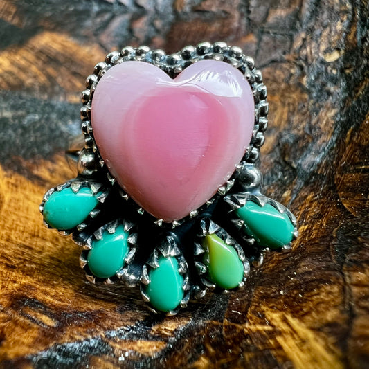 Pink Conch Heart & Kingman Turquoise Cluster Ring