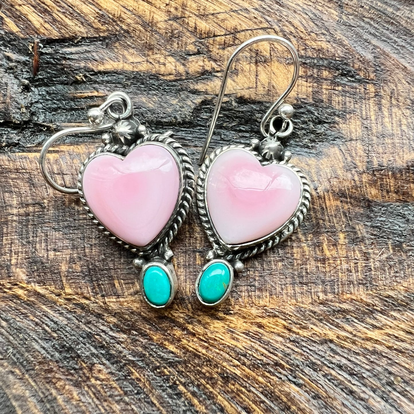 Pink Queen Conch Heart & Turquoise Dangle Earrings – Sterling Silver
