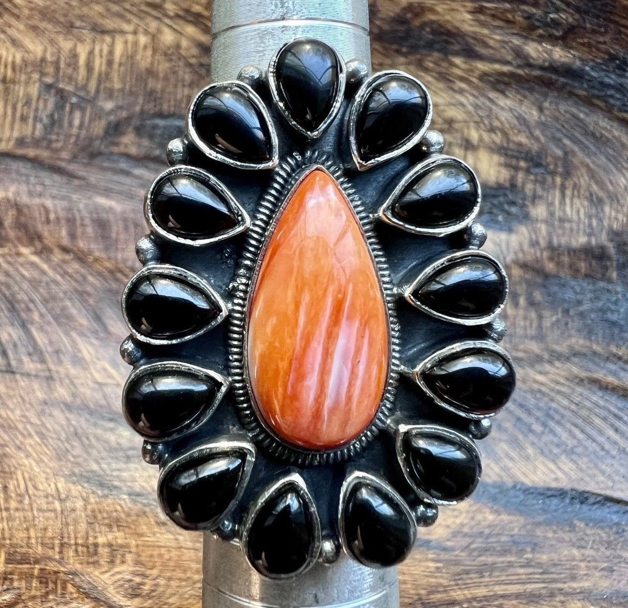 Spiny Oyster & Black Onyx Cluster Statement Ring | Sterling Silver | Size 7