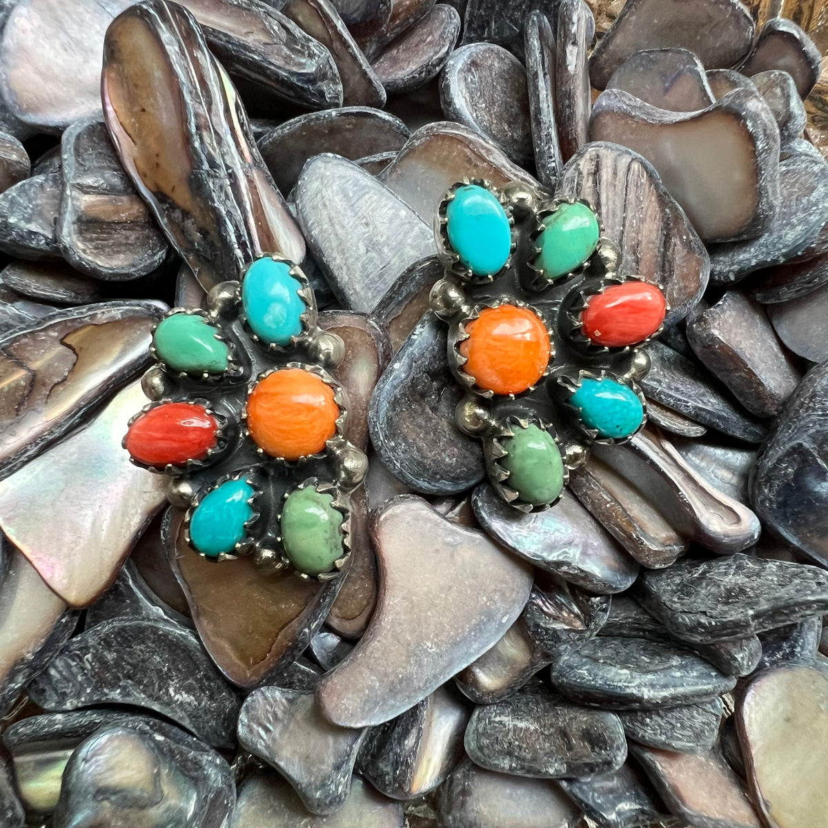Sterling Silver Kingman Turquoise Spiny Oyster Half Cluster Earrings