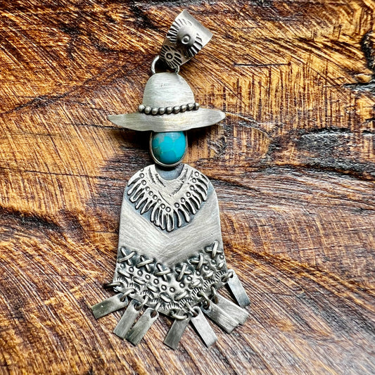 Cowboy Poncho Pendant in Sterling Silver & Kingman Turquoise