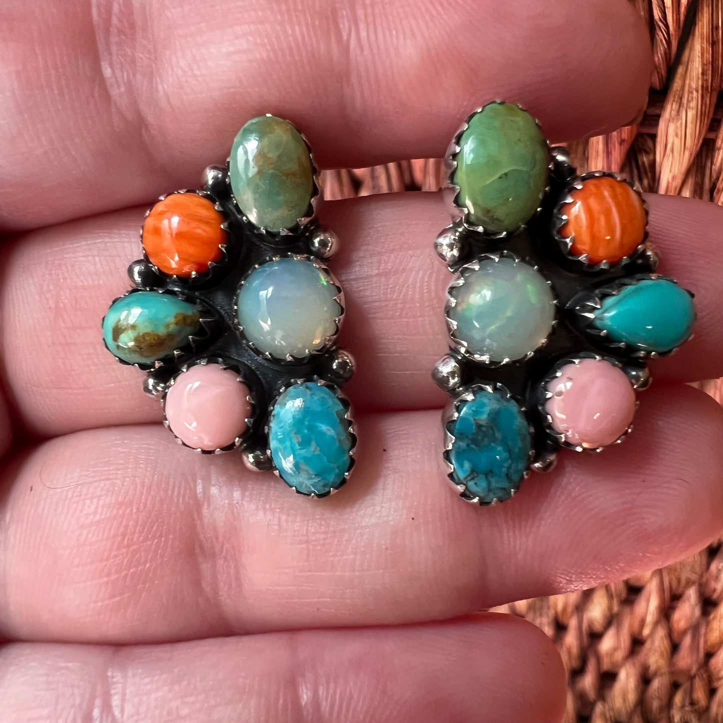 Multistone Cluster Earrings in Sterling Silver | Turquoise, Opal, Pink Conch & Spiny Oyster