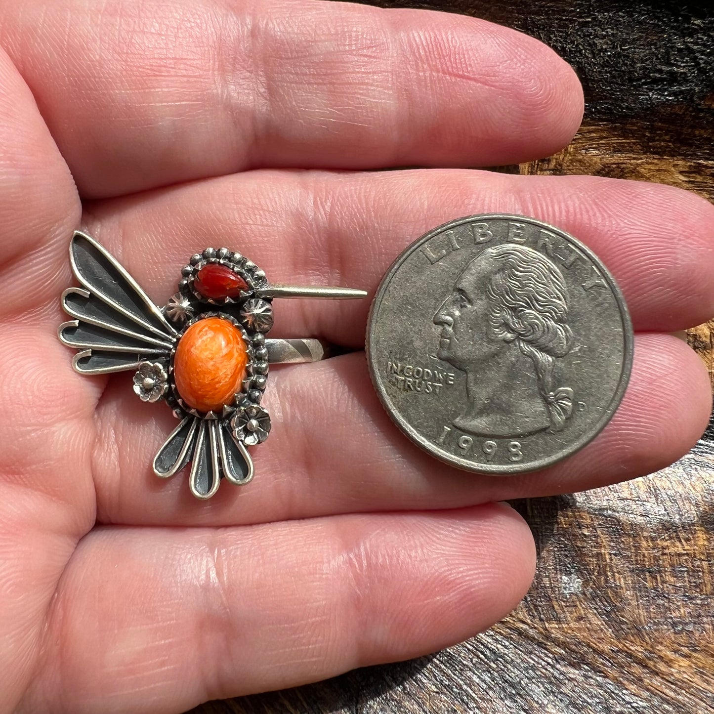 Sterling Silver Spiny Oyster Italian Red Coral Hummingbird Adjustable Ring