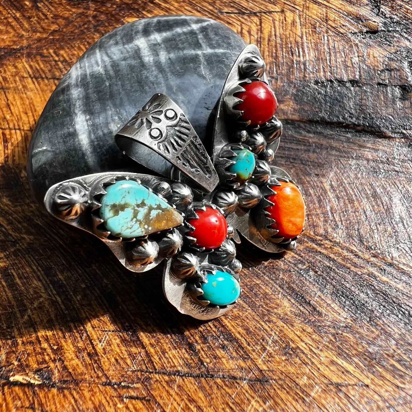 Sterling Silver Multi-Stone Butterfly Pendant – Kingman Turquoise, Italian Red Coral & Spiny Oyster