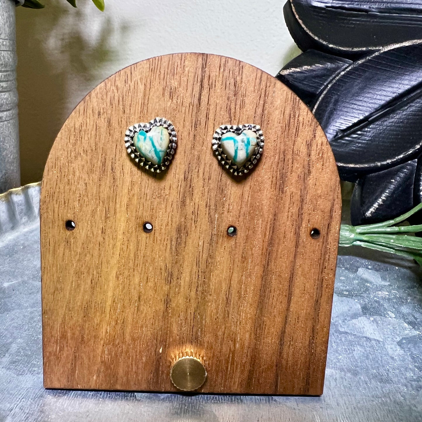Ribbon Turquoise Heart Stud Earrings | Sterling Silver Heart Earrings