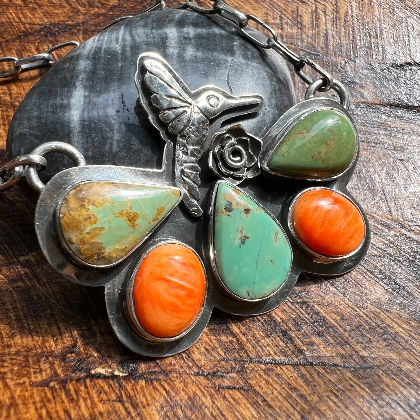 Sterling Silver Kingman Turquoise & Spiny Oyster Butterfly Hummingbird Necklace