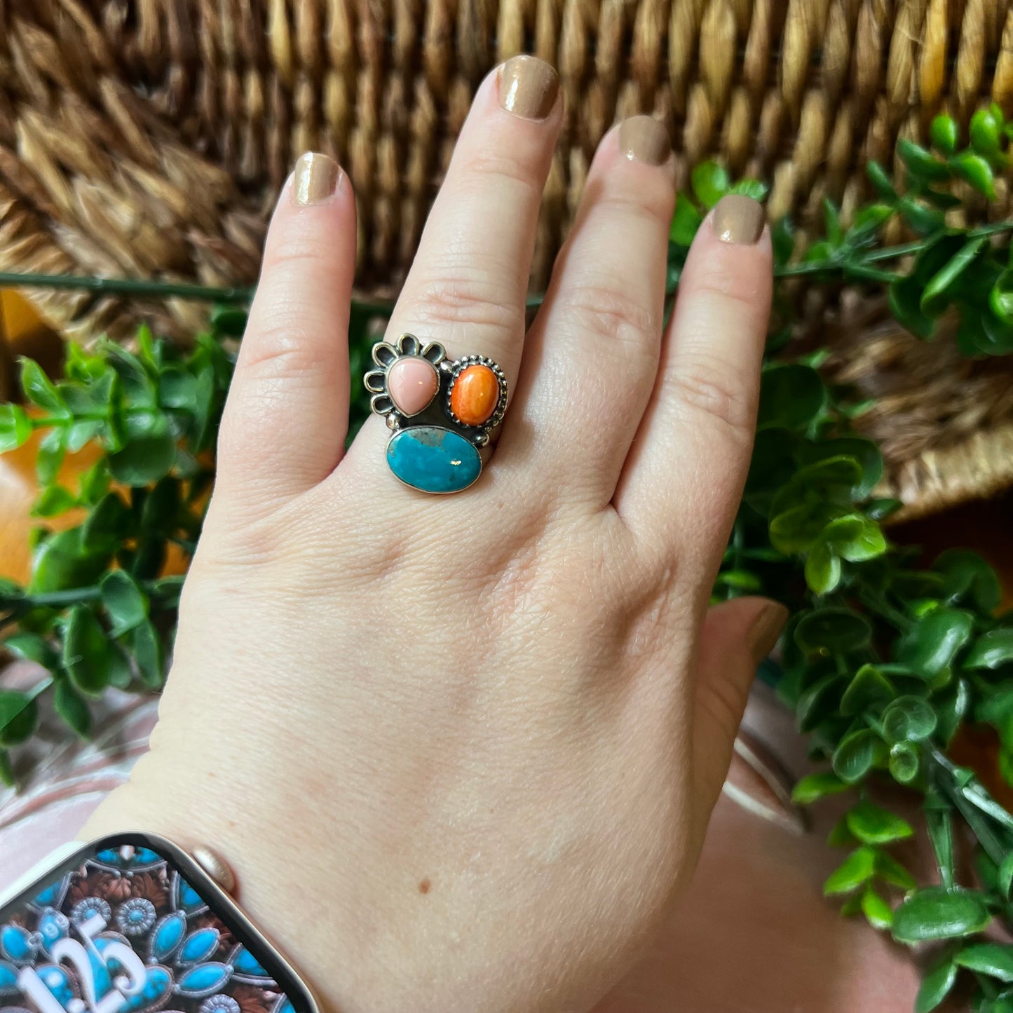 Kingman Turquoise, Spiny Oyster & Queen Conch Sterling Silver Ring – Size 9