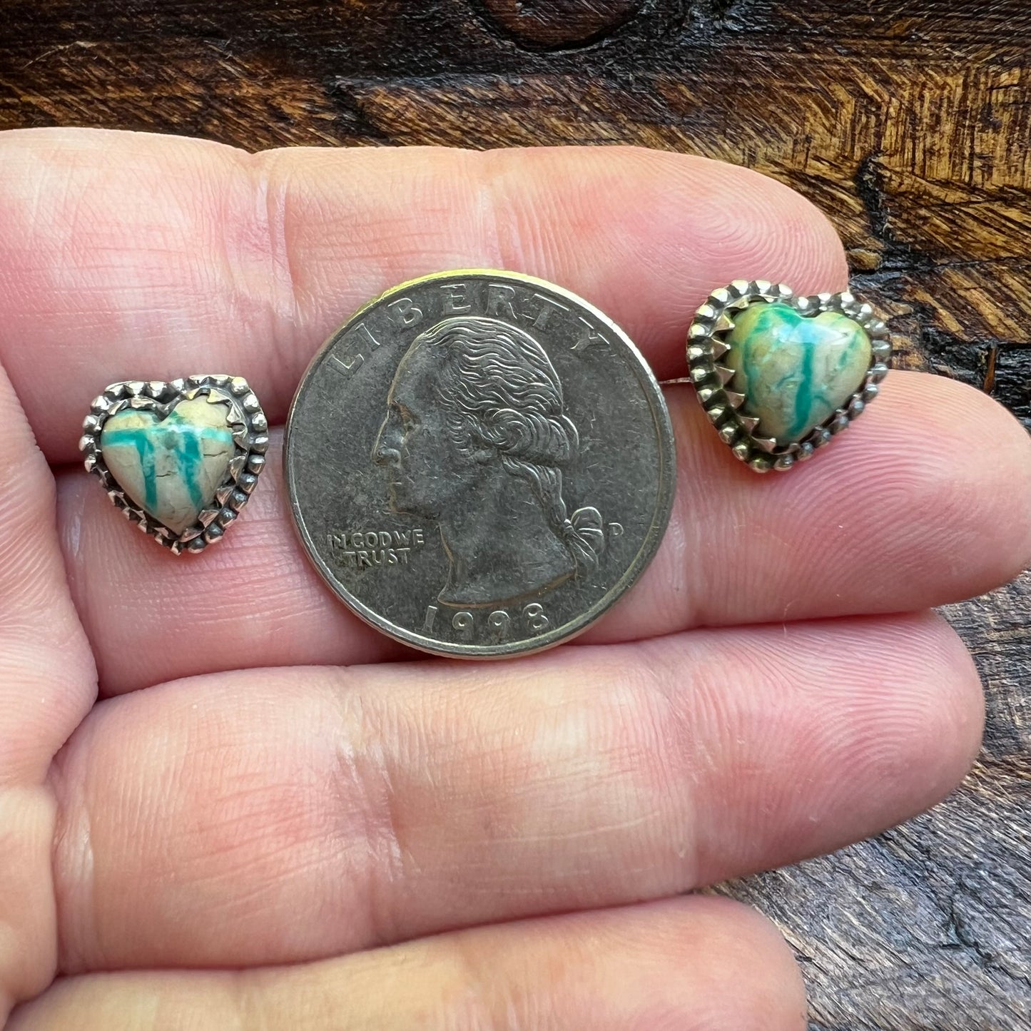 Ribbon Turquoise Heart Stud Earrings | Sterling Silver Heart Earrings