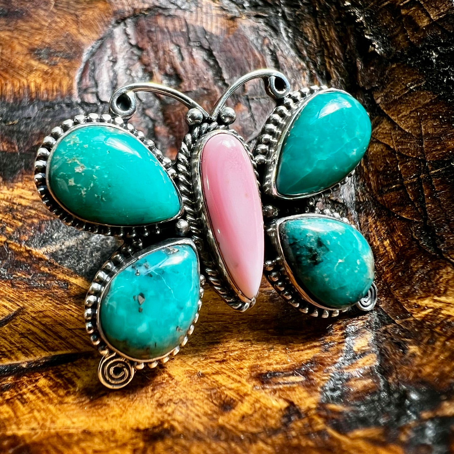 Kingman Turquoise & Pink Conch Butterfly Ring Sterling Silver Size 9