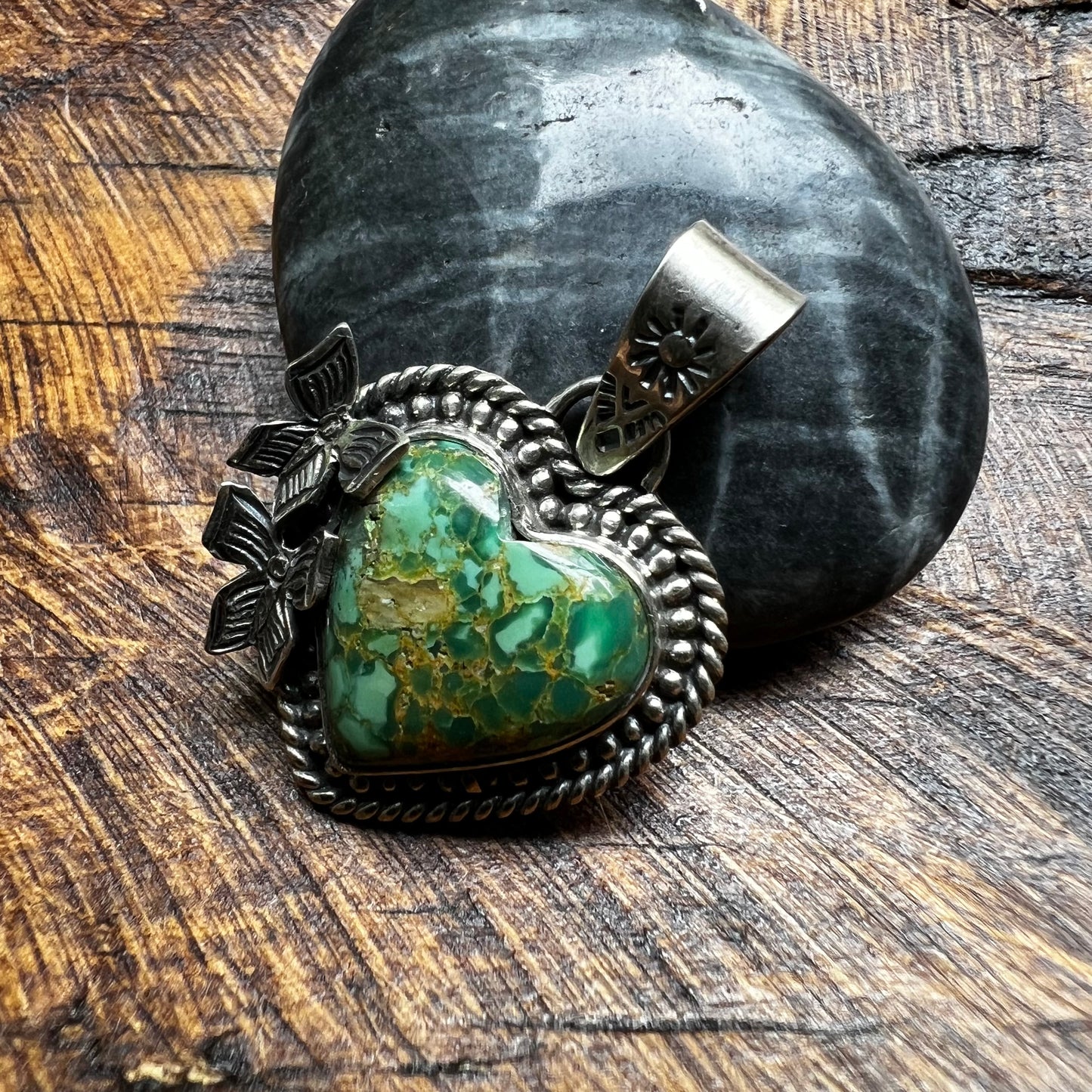 Heart Butterfly Pendant
Handcrafted Sterling Silver & Green Kingman Turquoise