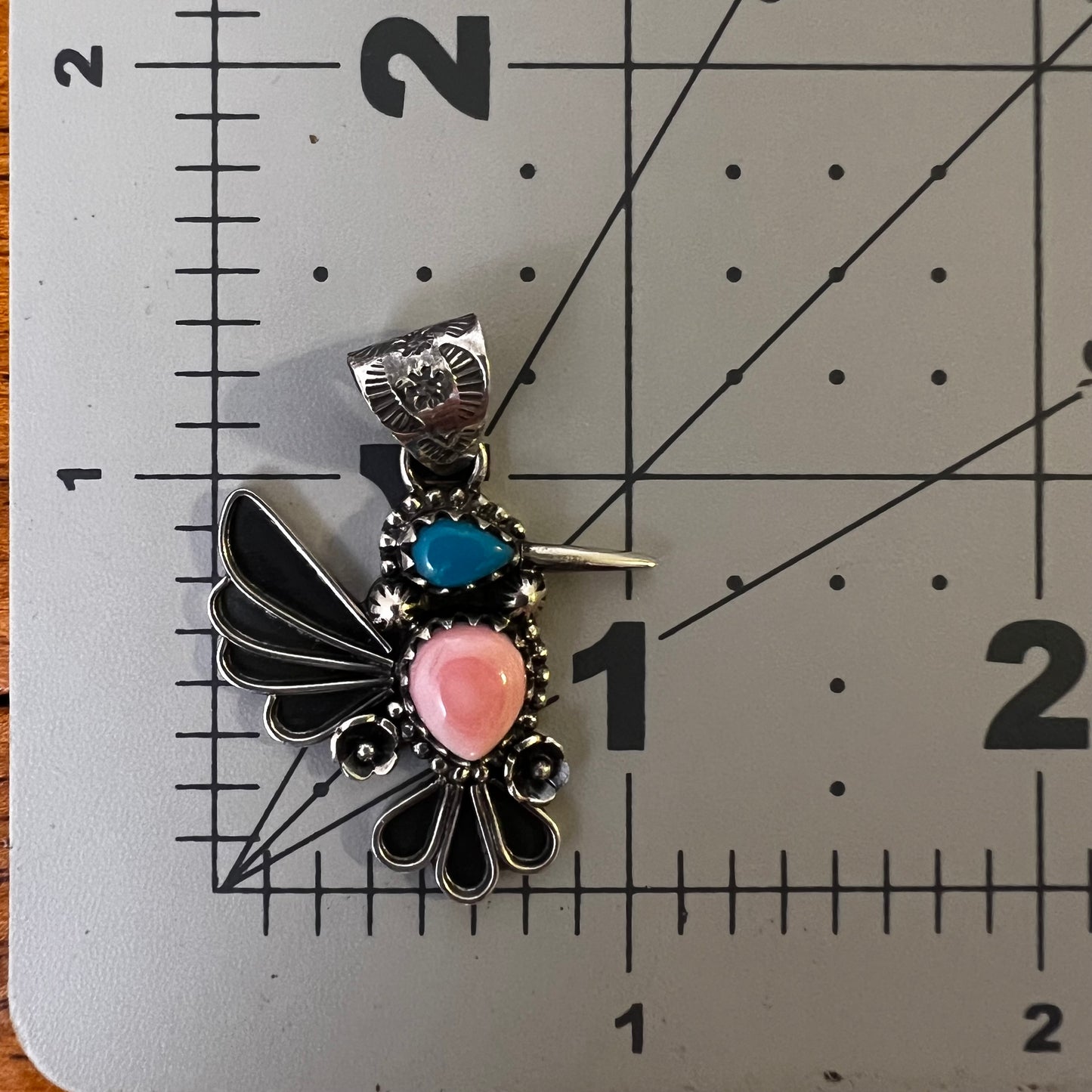 Pink Conch & Kingman Turquoise Hummingbird Sterling Silver Pendant