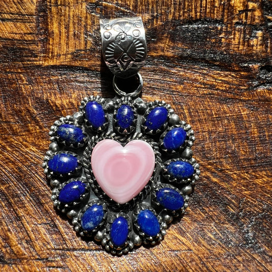 Pink Queen Conch Heart & Lapis Lazuli Statement Pendant – Sterling Silver