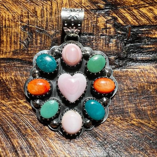Queen Conch, Kingman Turquoise & Spiny Oyster Cluster Heart Pendant