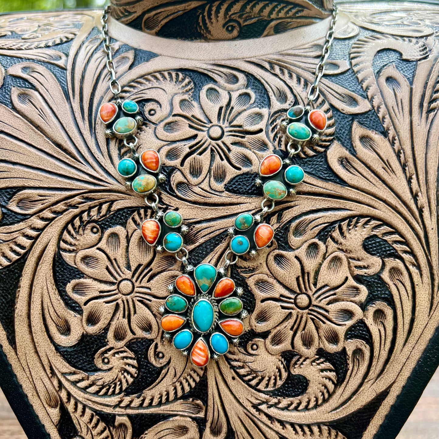 Collector’s Kingman Turquoise & Spiny Oyster Cluster Necklace – 29 Stone Statement