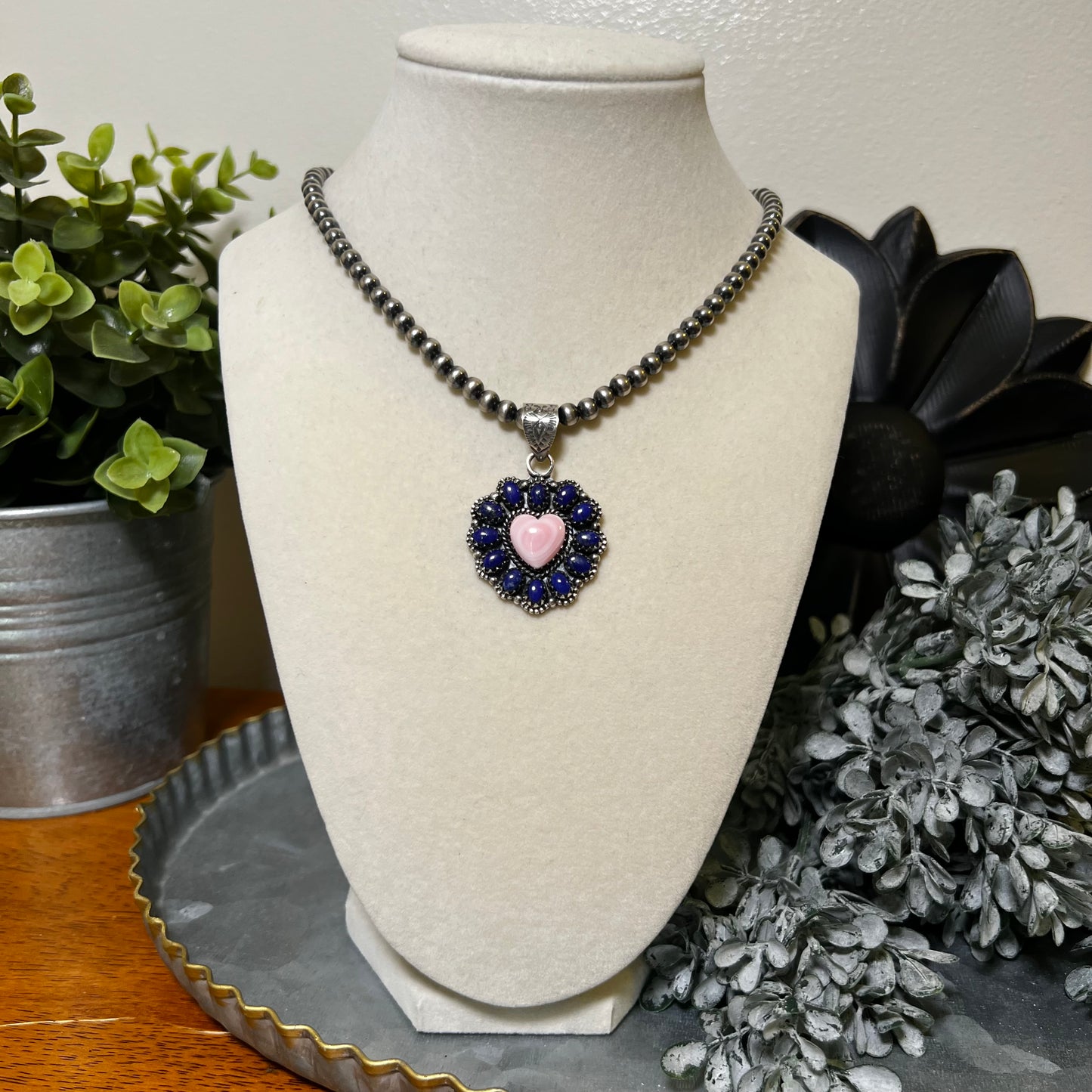 Pink Queen Conch Heart & Lapis Lazuli Statement Pendant – Sterling Silver
