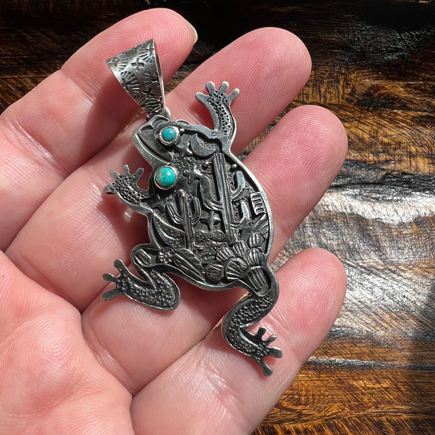 Storyteller Frog Pendant in Sterling Silver with Kingman Turquoise