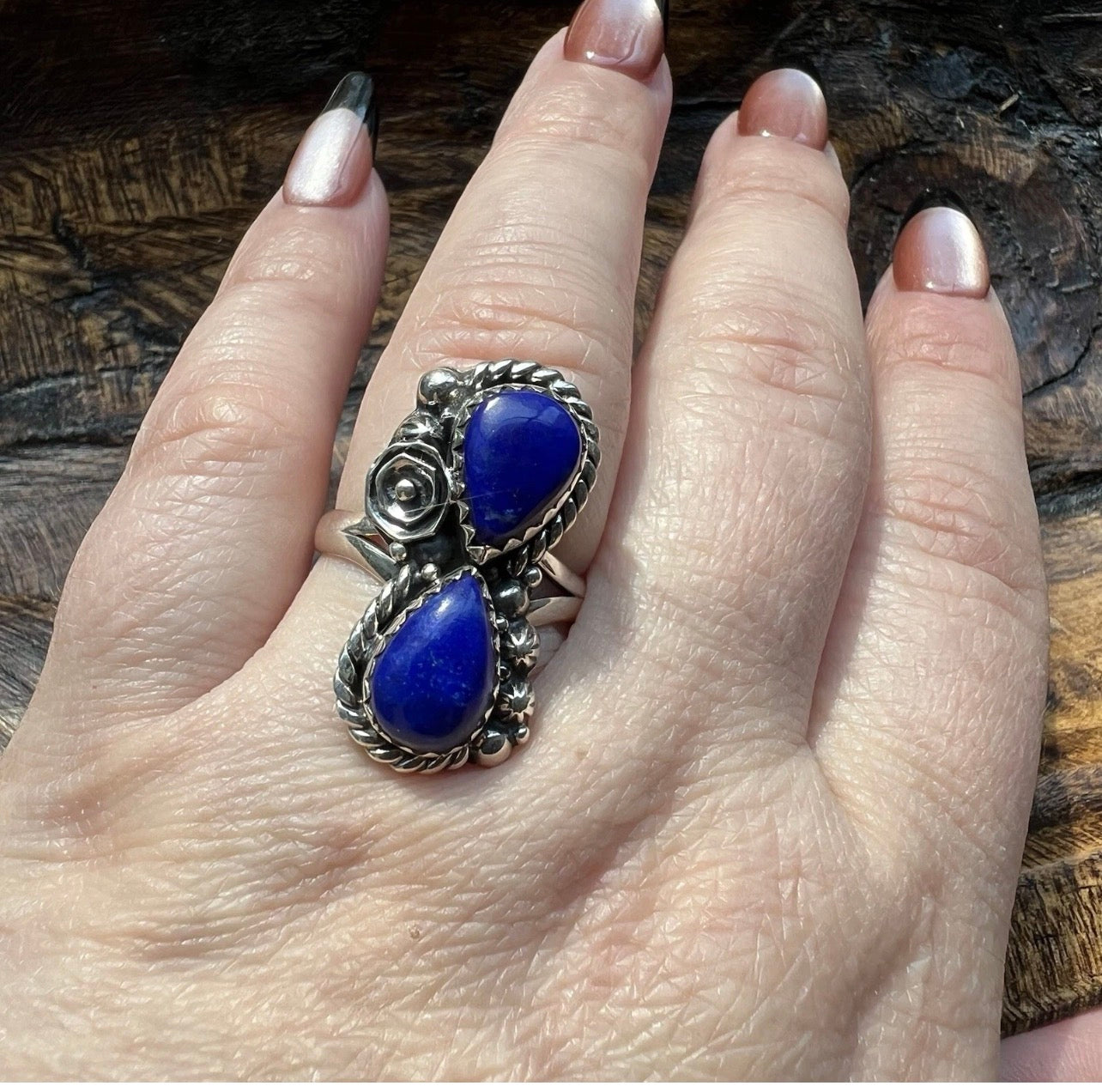 Lapis Lazuli Double Teardrop Statement Ring in Sterling Silver Size 9.5