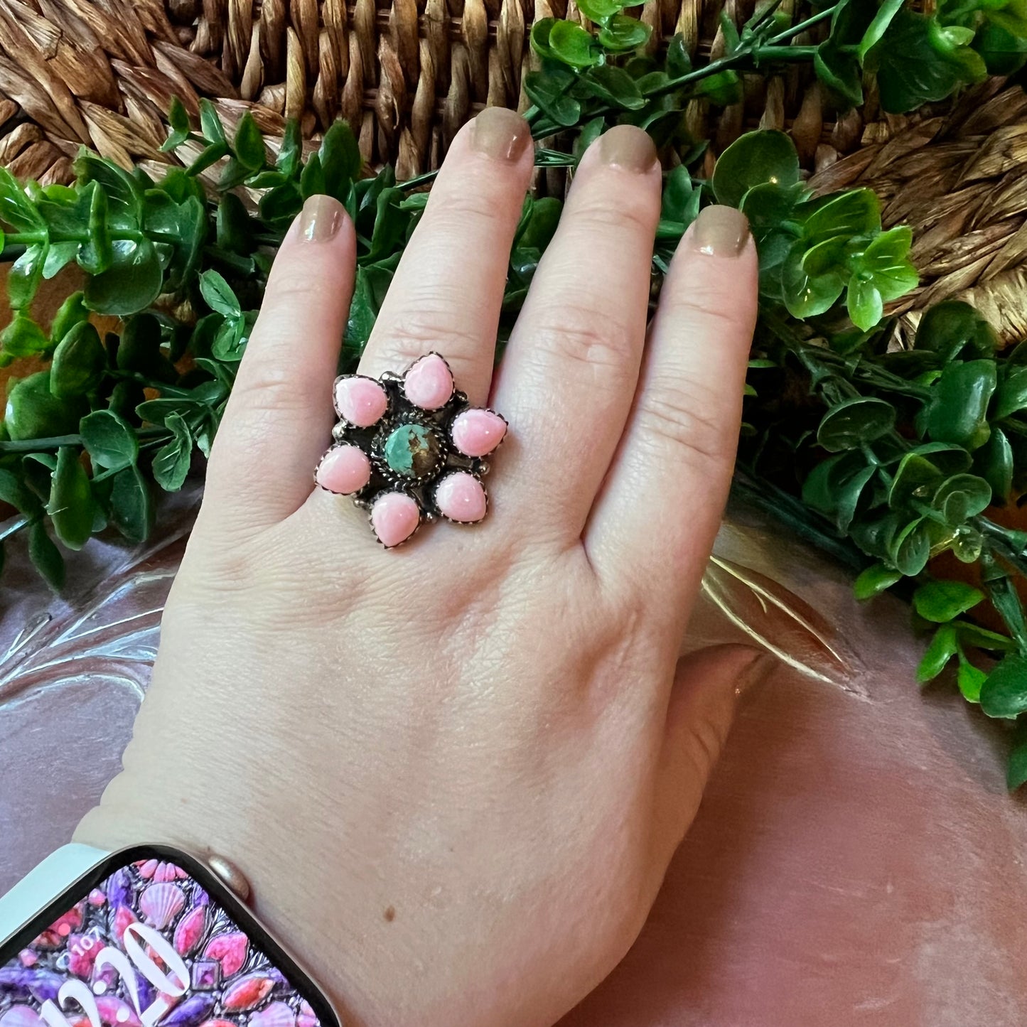 Queen Conch & Kingman Turquoise Flower Cluster Ring – Size 9.5