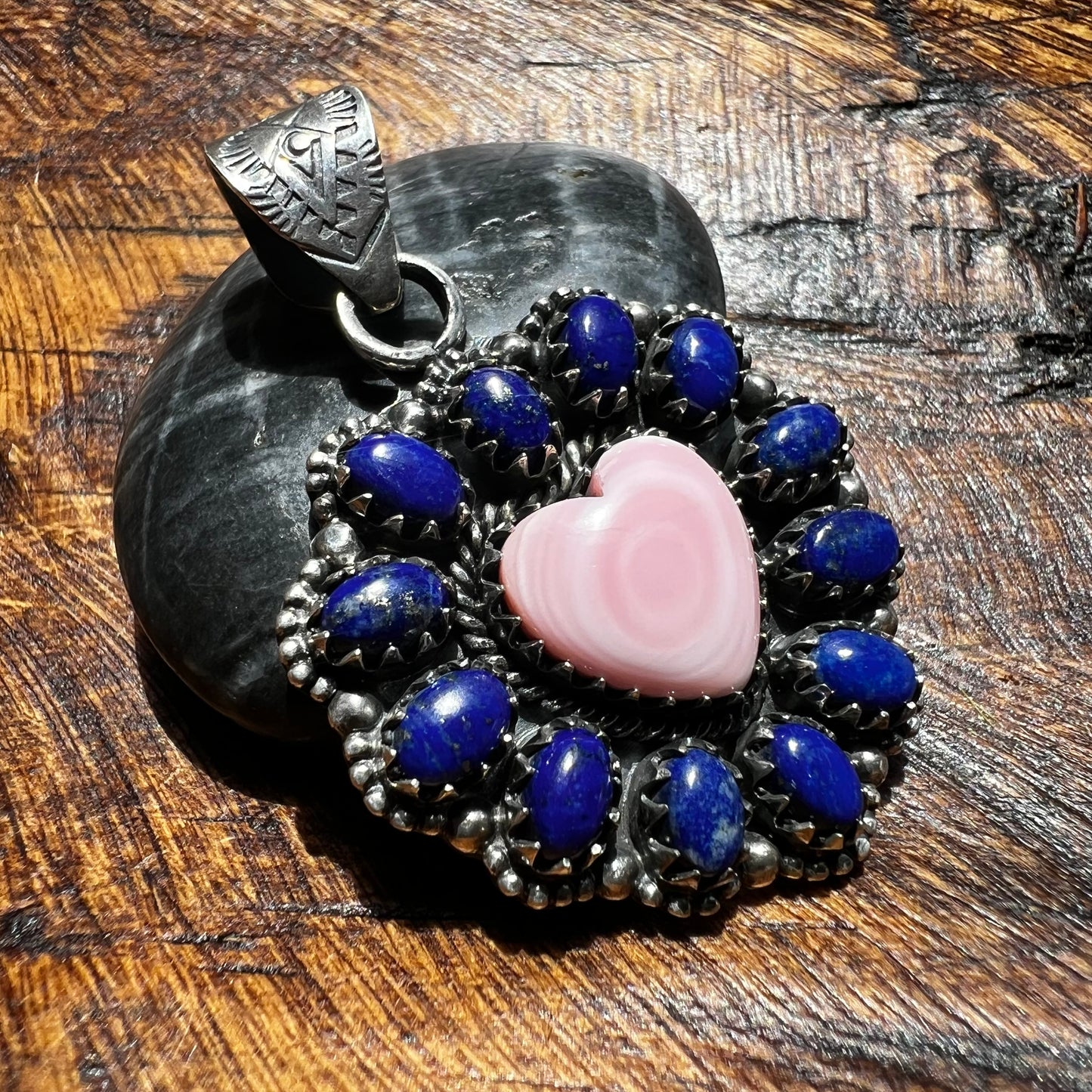 Pink Queen Conch Heart & Lapis Lazuli Statement Pendant – Sterling Silver