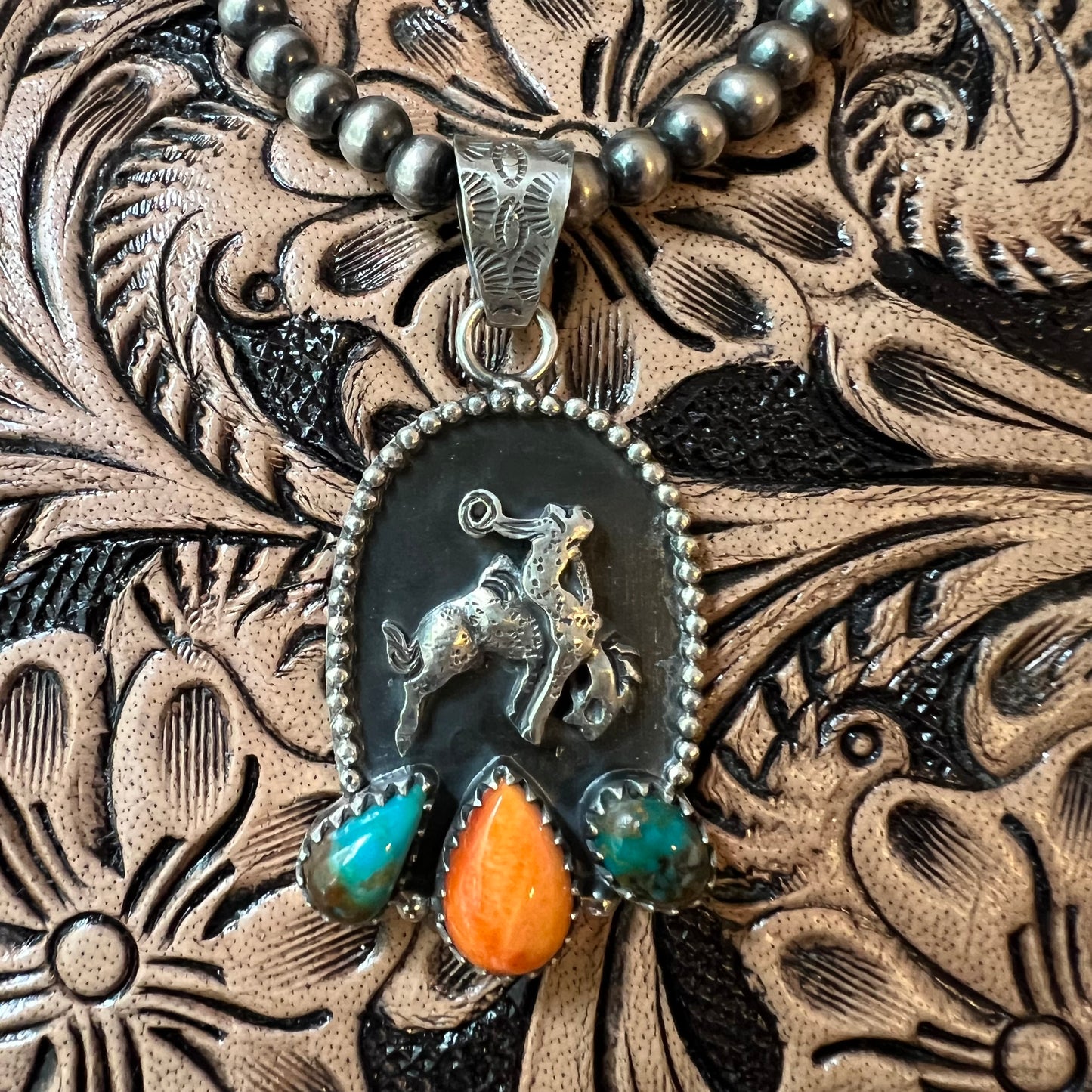 Sterling Silver Kingman Turquoise Spiny Oyster Bucking Bronco Pendant
