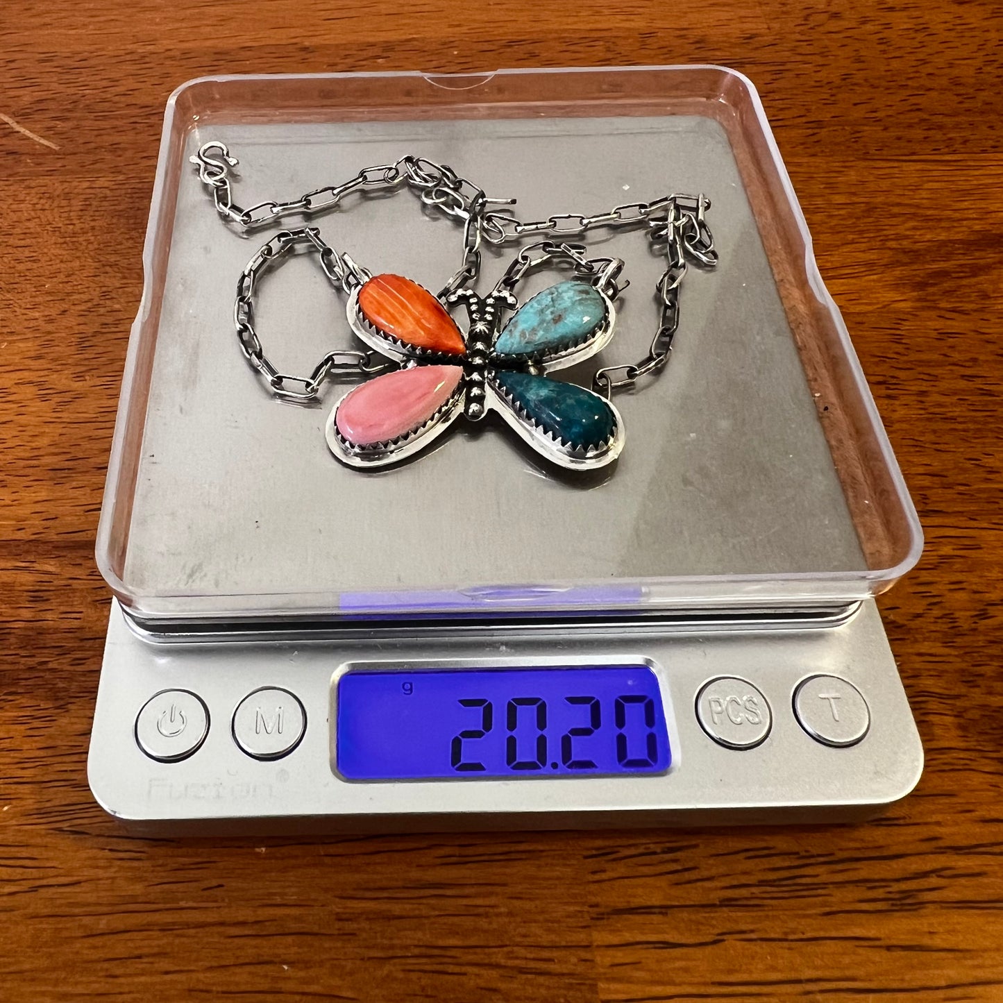 Multistone Butterfly Necklace – Kingman Turquoise, Spiny Oyster & Pink Conch Sterling Silver