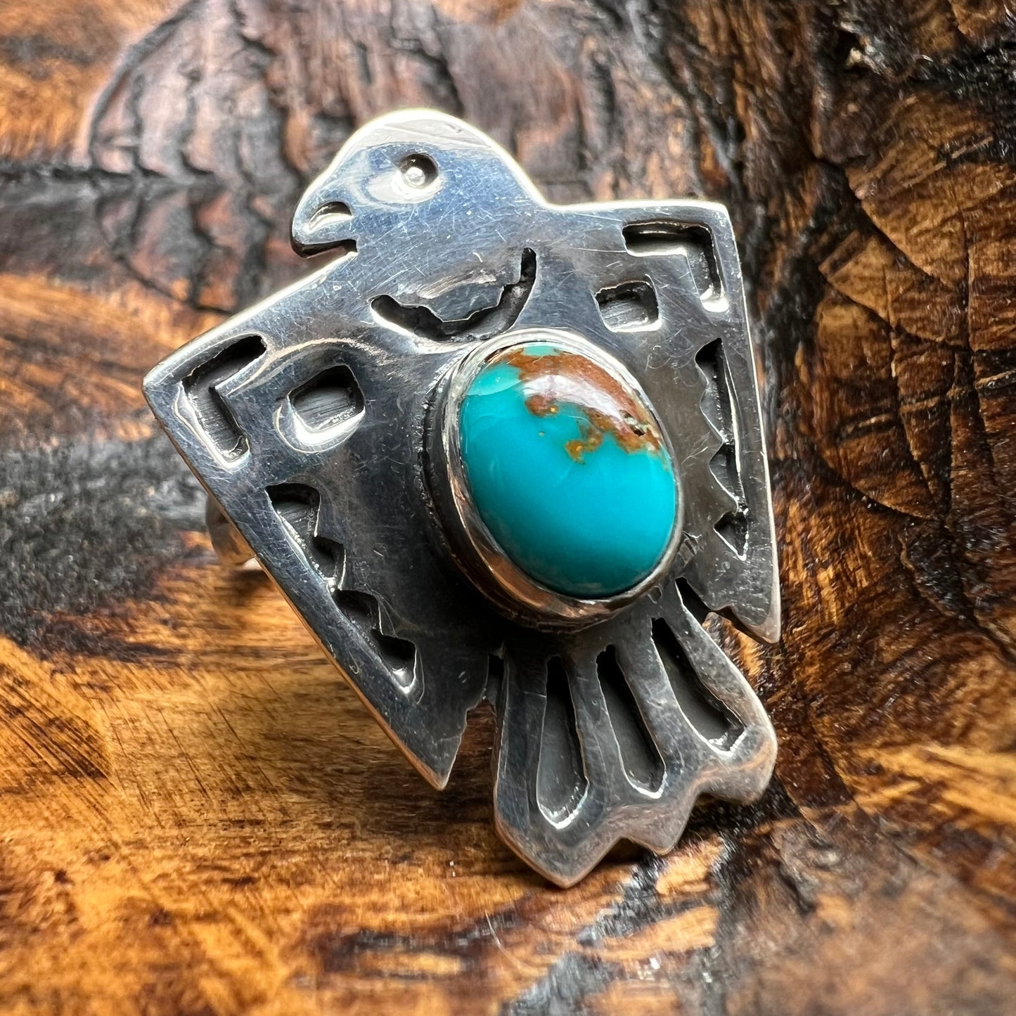 Sterling Silver Kingman Turquoise Thunderbird Ring Size 8.5