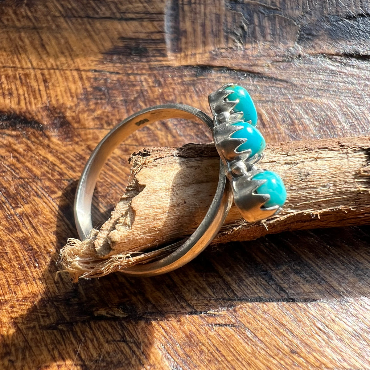 Sterling Silver Kingman Turquoise Three Stone Stacker Ring Size 10.5 Adjustable
