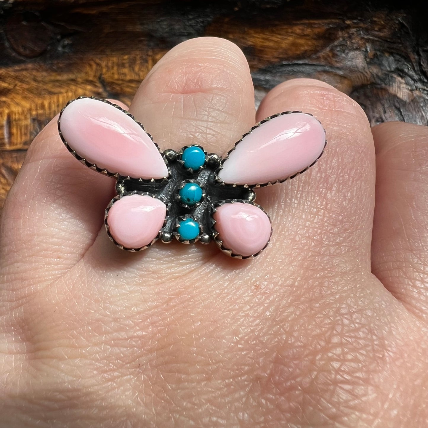 Pink Queen Conch & Kingman Turquoise Butterfly Statement Ring – Size 8