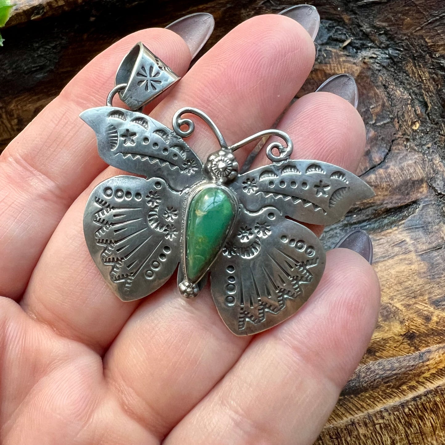 Kingman Turquoise Butterfly–Moth Pendant in Sterling Silver