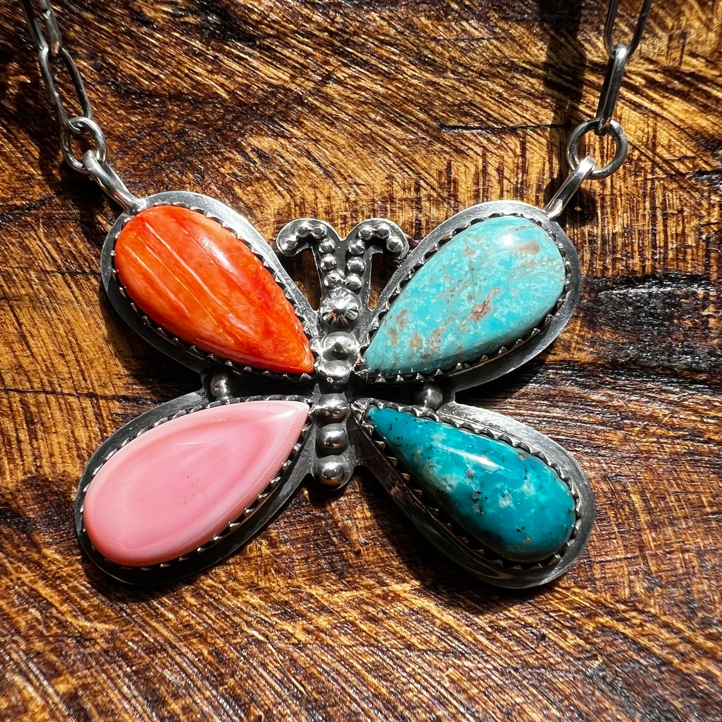 Multistone Butterfly Necklace – Kingman Turquoise, Spiny Oyster & Pink Conch Sterling Silver