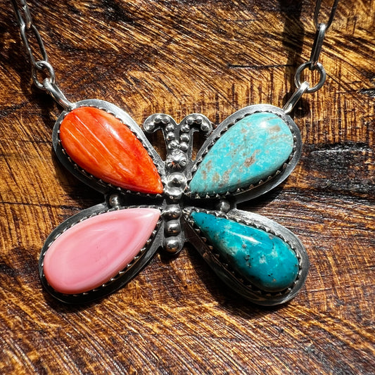 Multistone Butterfly Necklace – Kingman Turquoise, Spiny Oyster & Pink Conch Sterling Silver