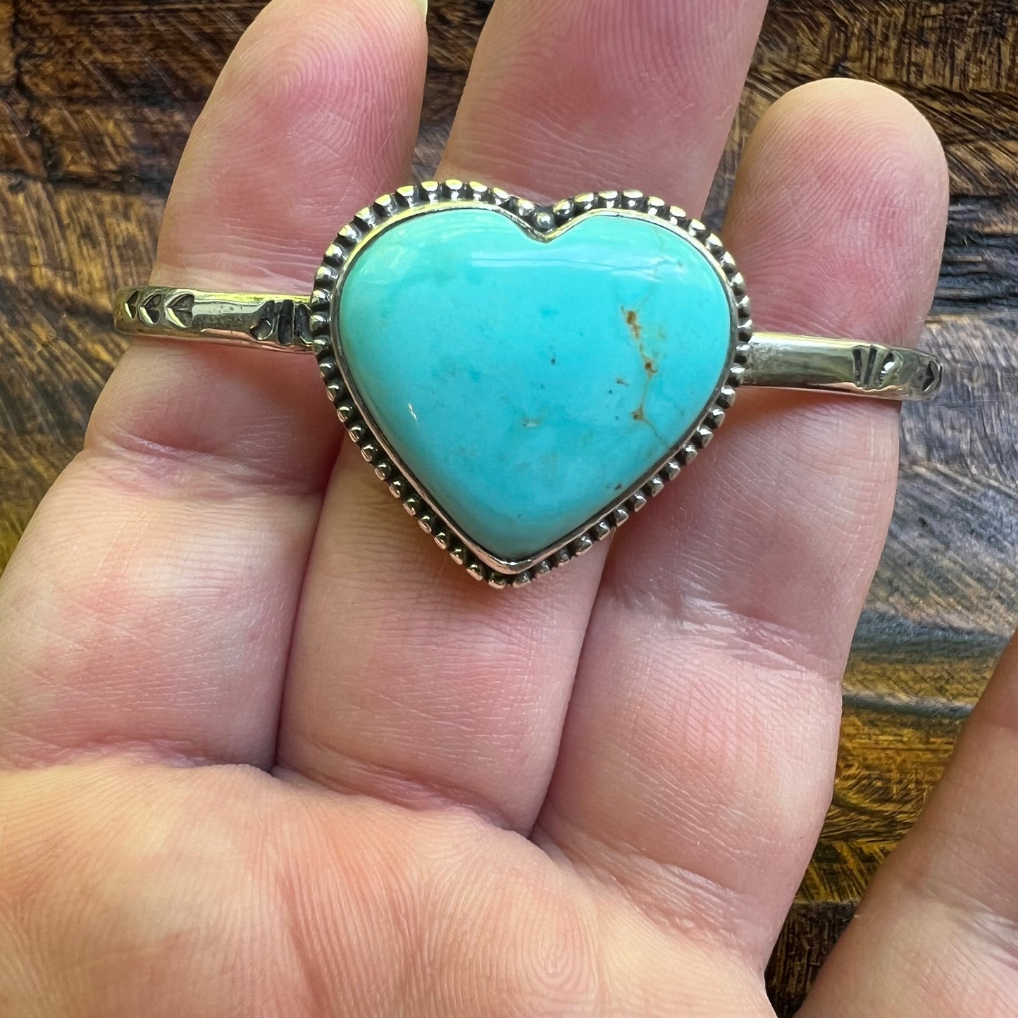 Kingman Turquoise Heart Cuff Bracelet Sterling Silver Adjustable