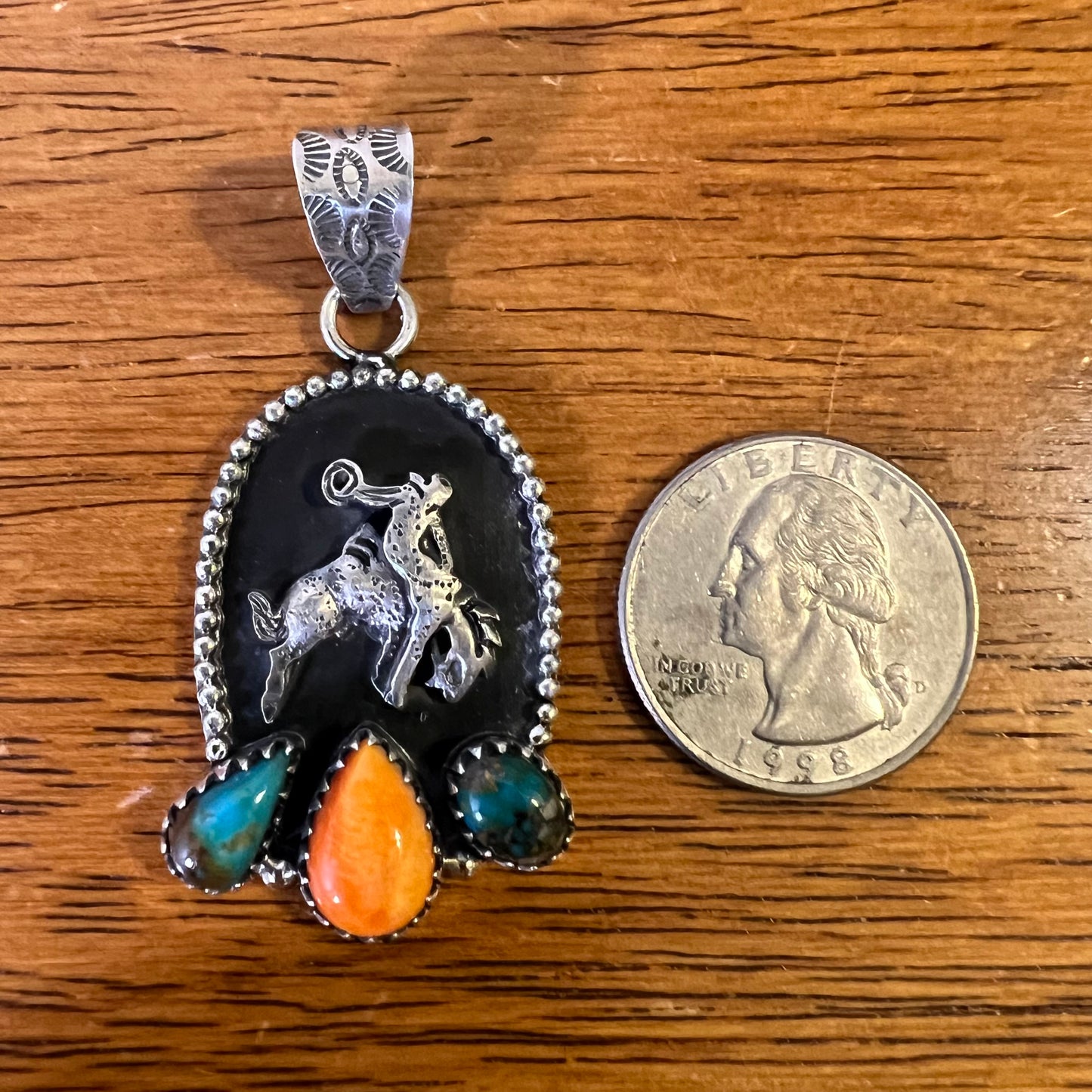 Sterling Silver Kingman Turquoise Spiny Oyster Bucking Bronco Pendant