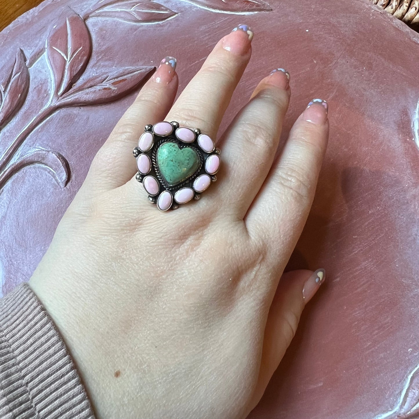 Kingman Heart & Queen Conch Cluster Ring — Sterling Silver Statement (Size ~9¼)