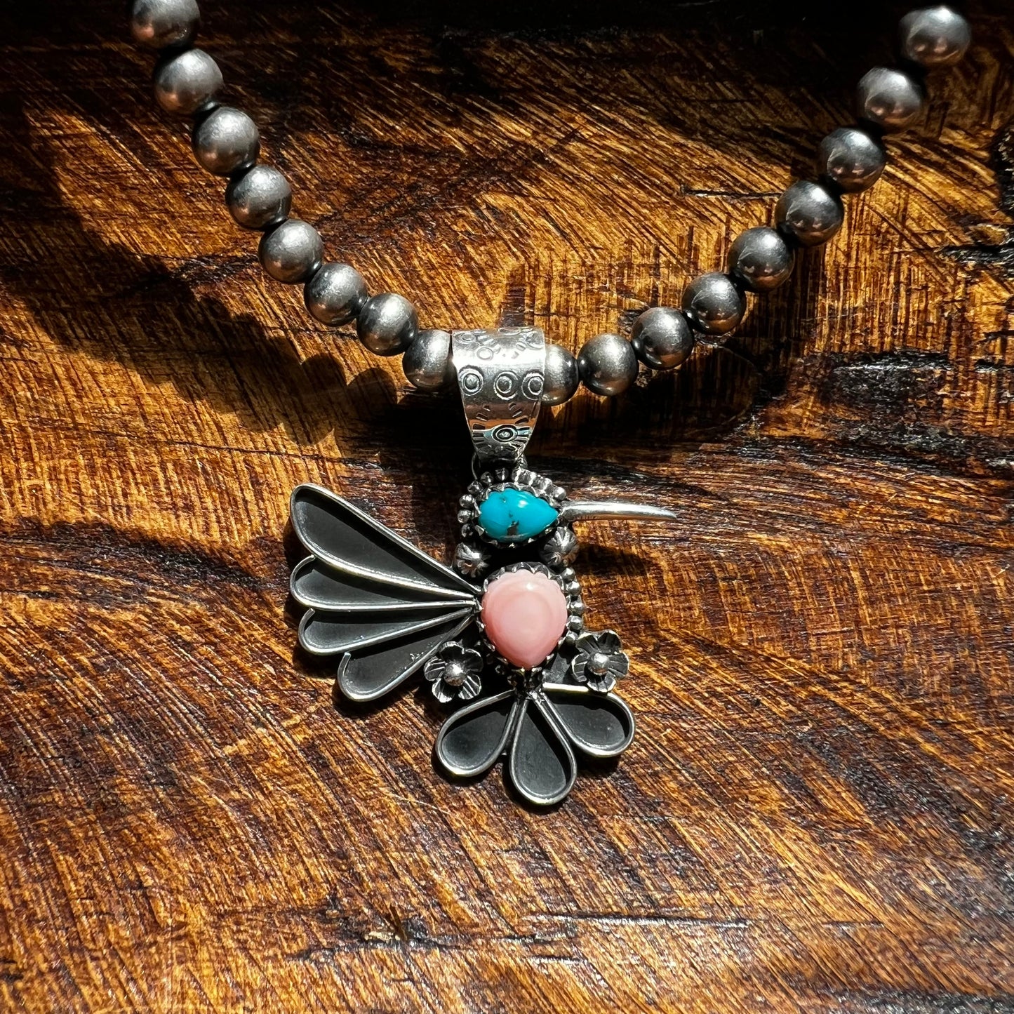 Sterling Silver Hummingbird Pendant – Pink Conch & Kingman Turquoise