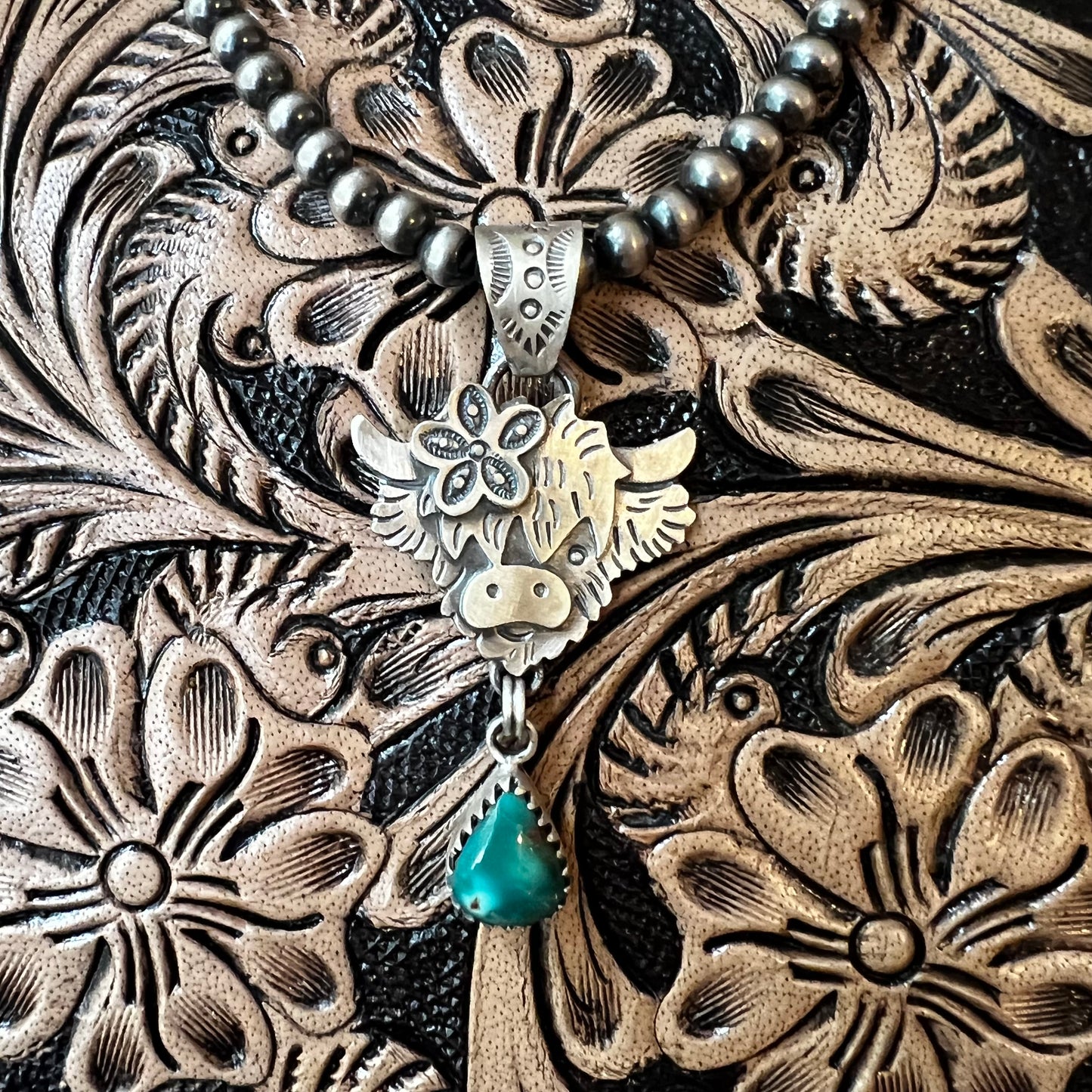 Sterling Silver Highland Cow Pendant with Fox Turquoise Drop