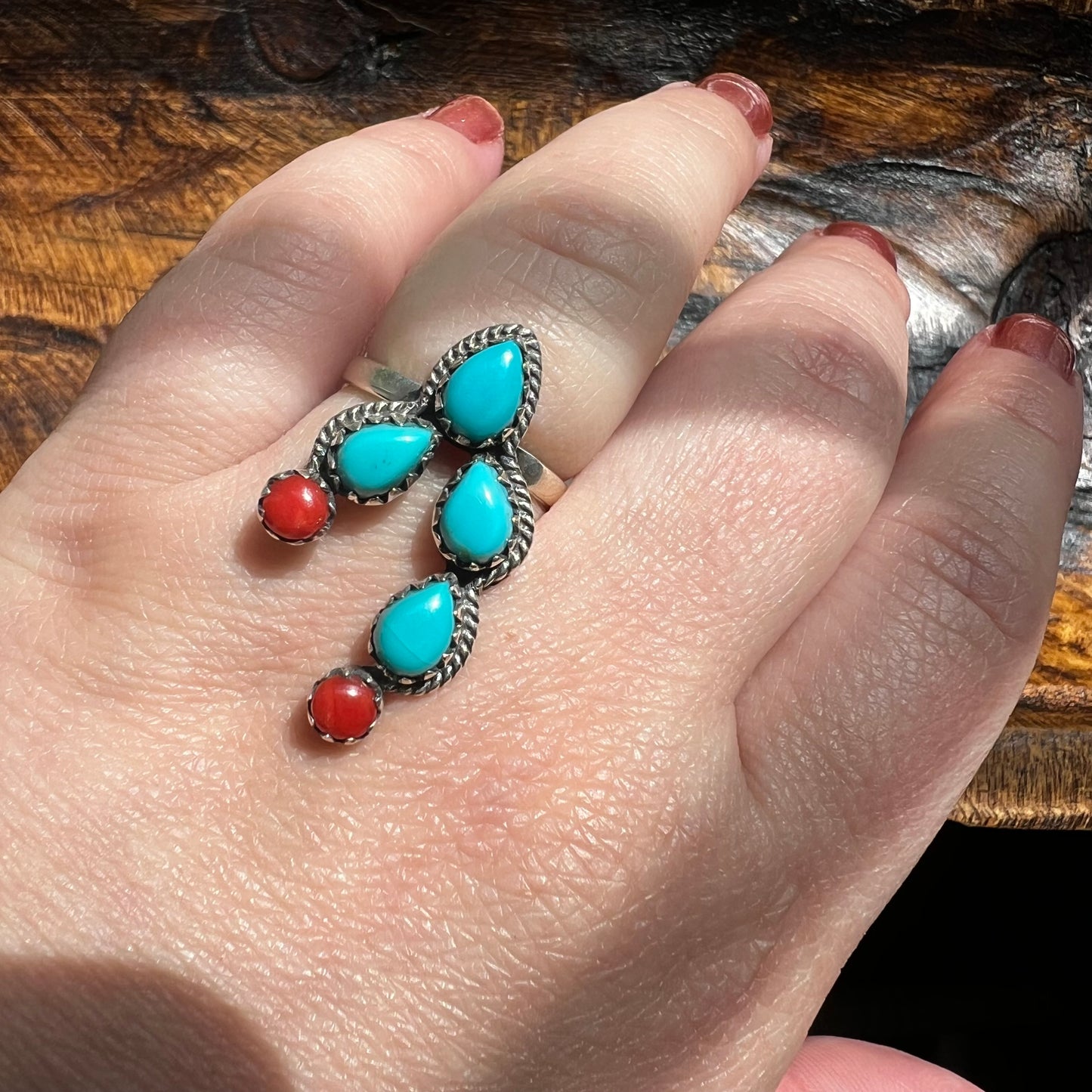 Sterling Silver Kingman Turquoise & Italian Coral Cactus Ring