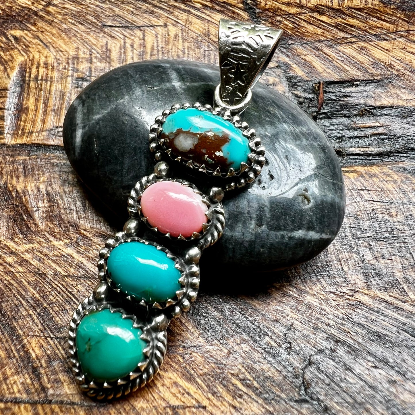 Kingman Turquoise & Queen Conch Multi-Stone Pendant – Sterling Silver Statement