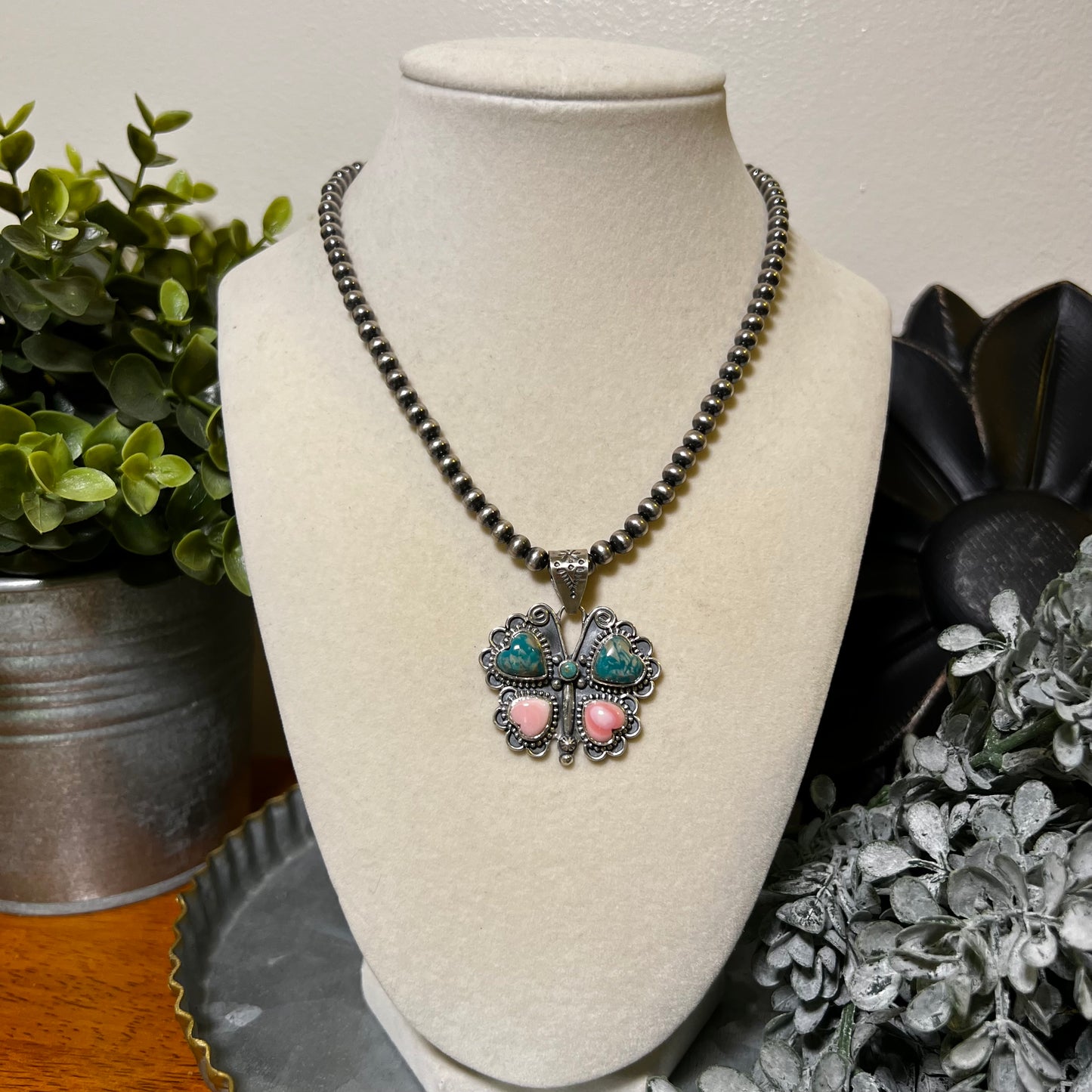 Ribbon Turquoise & Queen Conch Butterfly Pendant | Sterling Silver Handmade Southwest Jewelry