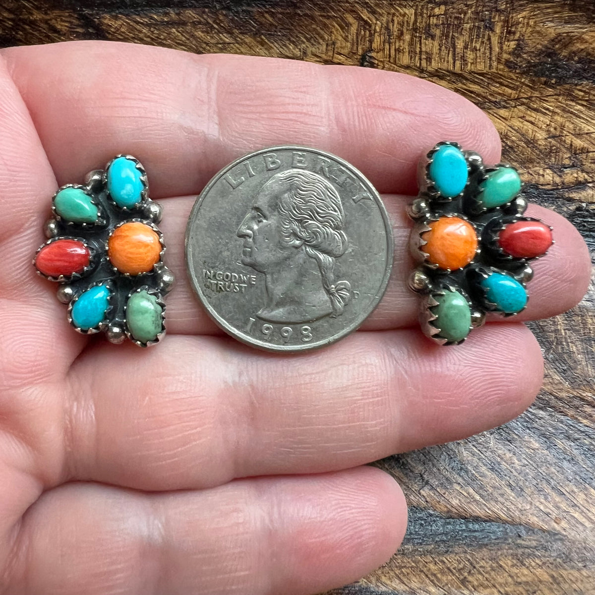Sterling Silver Kingman Turquoise Spiny Oyster Half Cluster Earrings