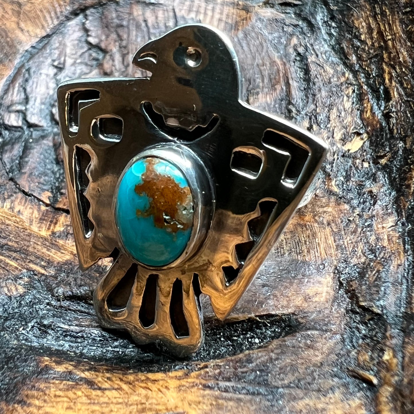 Sterling Silver Kingman Turquoise Thunderbird Ring Size 8.5