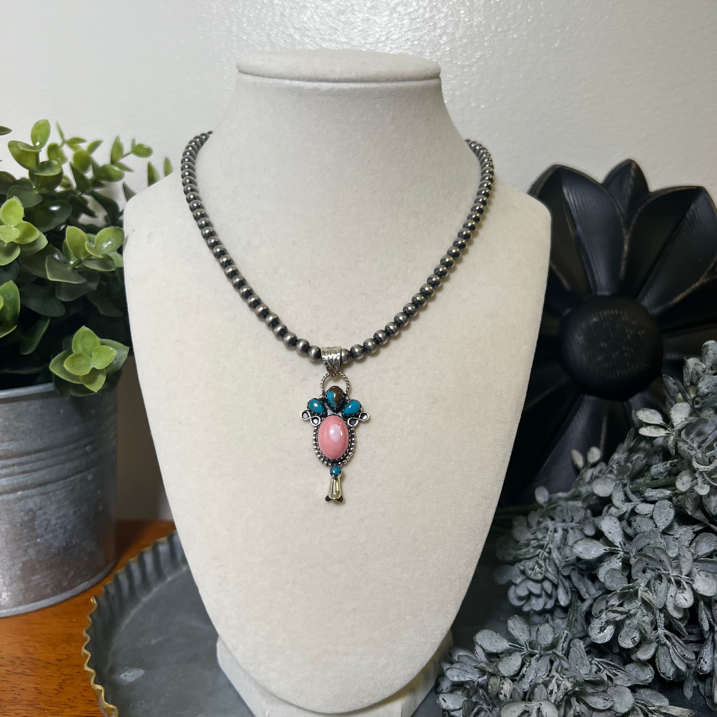 Pink Conch & Kingman Turquoise Squash Blossom Pendant – Sterling Silver