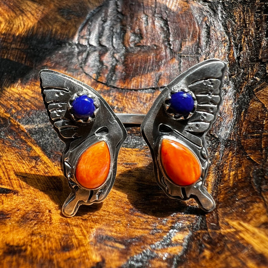Sterling Silver Spiny Oyster & Lapis Butterfly Bypass Ring – Size 9.5